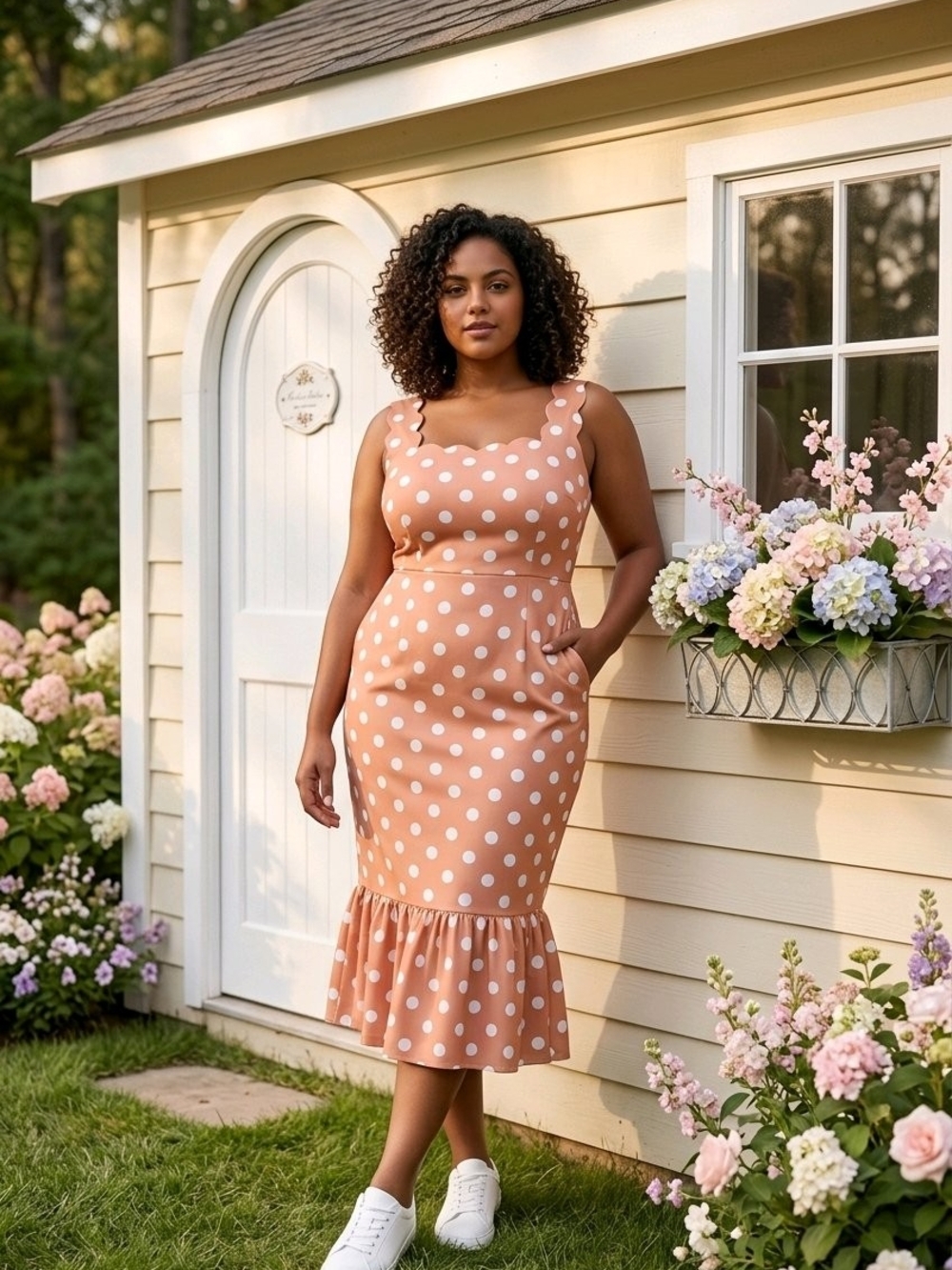 ASOS Peach Polka Dot Midi Dress with Ruffle Hem